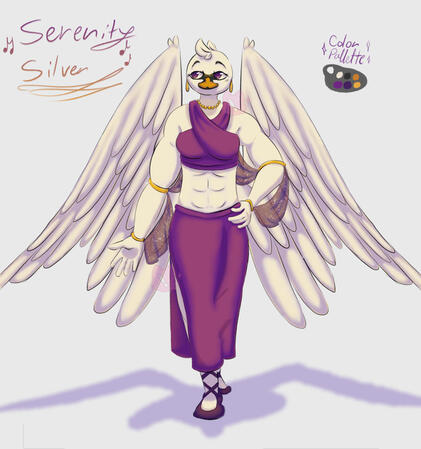 Serenity is an anthropomorphic swan. She has an athletic build, wears gold jewelry accents, and purple ribbon clothing with purple ballet flats.
