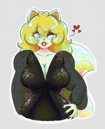 I saw this character on Tumblr and just had to draw her! She is an opal gem cat. She is wearing a black glitter dress and winking at the viewer.
