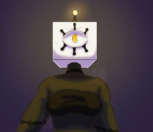 I saw Ivore on Tumblr and was fascinated with her design! She is a dice headed person with a black body and a fish lantern on her head. She is standing in the dark, the only light being her lantern.