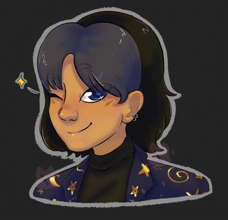 I saw Avalon on Tumblr and decided to draw him! He has tan skin, shoulder length black hair with dark blue bangs, blue eyes, ear piercings, a black sweater, and a dark blue overcoat that has many space related gold markings.
