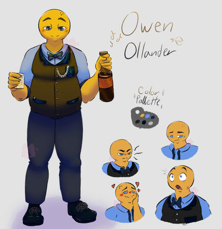 Owen in an anthropomorphic orange who is dressed up in fancy blue and black garb. He is holding an alcohol bottle and whiskey glass.