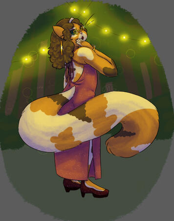 A feminine anthropomorphic calico cat with brown hair and a pink glitter dress adorned in gold jewelry is looking behind them at the viewer.