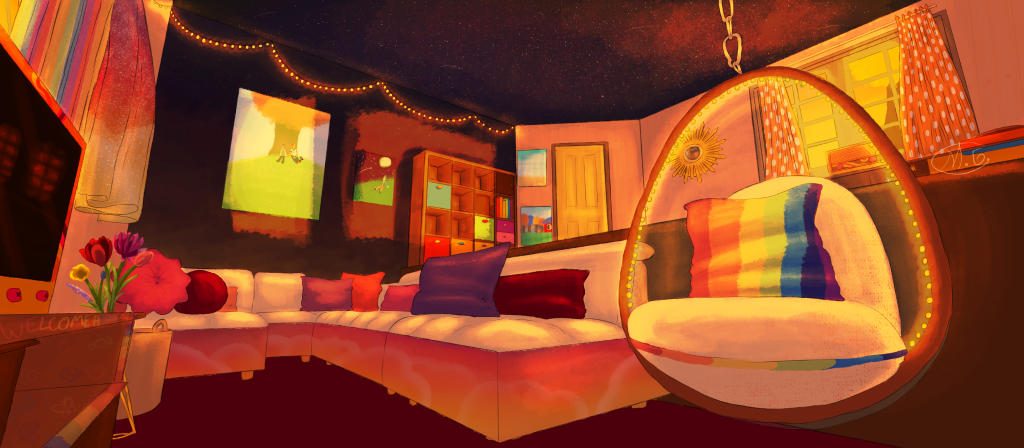 The viewer is standing in a conversation pit in a colorful living room. The sun is setting, painting the room in a warm glow.