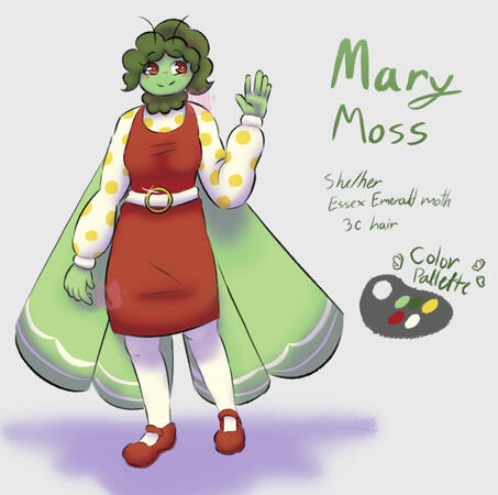 An anthropomorphic green moth in a red dress with white and yellow dotted sleeves is waving at the viewer. The drawing includes her name "Mary Moss", pronouns, species, hair type, and color palette.