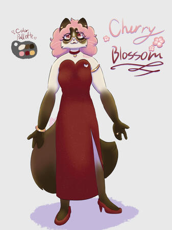 An anthropomorphic ragdoll cat standing in a red dress, golden jewelry, and pink hair and eyes.