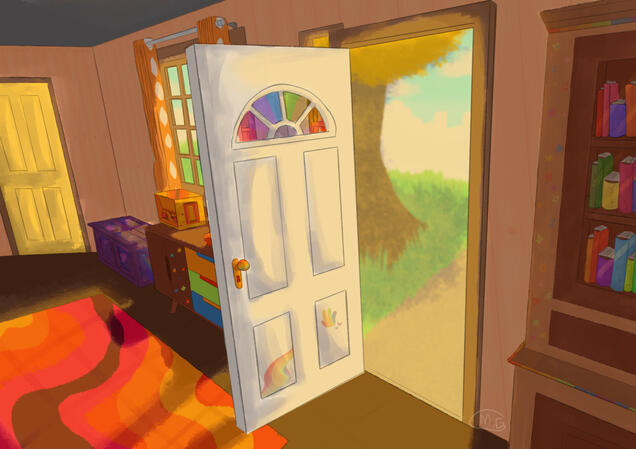 An open door leading outside from a colorful living room. It's daylight outside.