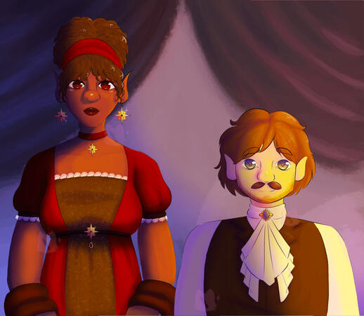 A tall woman adorned in a scarlet and black dress and gold jewelry stands next to a slightly shorter man. He is wearing a black vest, a white button-up shirt, a jabbot, and a blue pearl-like brooch. They are standing in high contrast lighting.