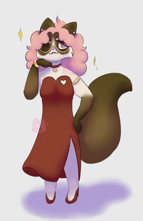 A chibi anthropomorphic ragdoll cat with pink hair, pink eyes, and a red dress winking at the viewer. They are flaunting themselves.
