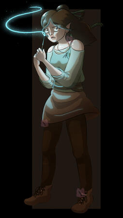 A woman stands in the dark; terrified and holding her wand, her only source of light. She is looking off to the distance.