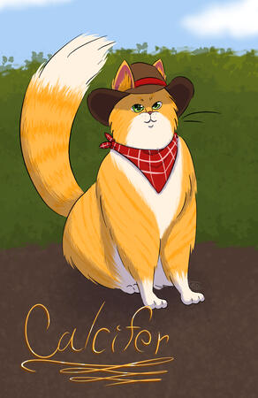 An orange and white fluffy cat with a red and white neck handkerchief around his neck and a small cowboy hat atop his head.
