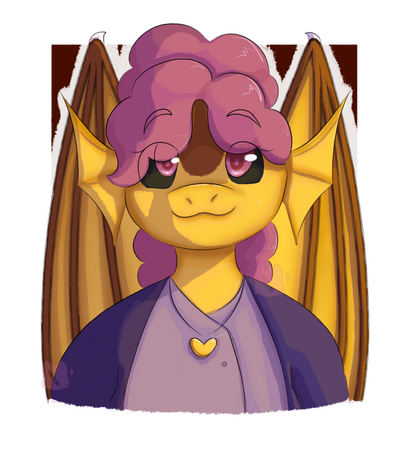 Kolsor is a golden dragonborn with magenta hair, magenta eyes, and purple garb. She is looking towards the viewer with a smile.