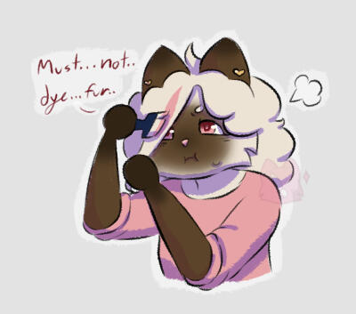 An anthropomorphic ragdoll cat trying to dye their hair. They are very focused and mumbling, "Must...not..dye...fur.."