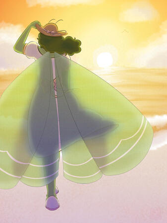 Mary is standing on the beach, admiring the sunset. She is dressed in a light colored dress and is wearing a sunhat, which she is currently holding to keep it from blowing away.
