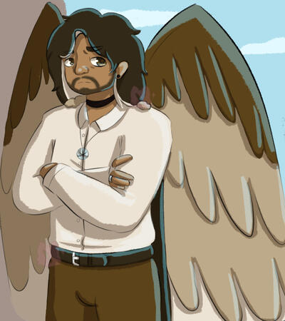 A man with large brown wings stands with his arms crossed while looking disdainfully to the side.