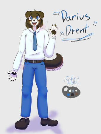 An anthropomorphic Shetland Sheepdog in a white button-up, blue pants, a blue tie, and hotdog themed socks.