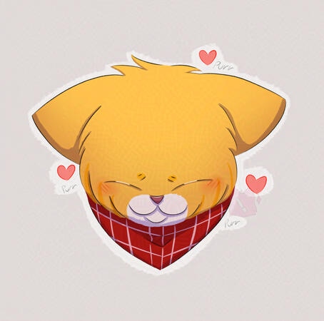 An orange striped kitty with a red handkerchief wrapped around his neck tilts his head towards the viewer. He's purring!