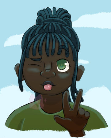A girl looks to the viewer with a wink. She's sticking her tongue out and holding up the "peace" sign.