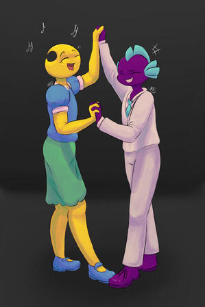 The characters Melody the Moon and Felix the Fish from the game "Andy's Apple Farm" are dancing together. Melody is singing a tune.