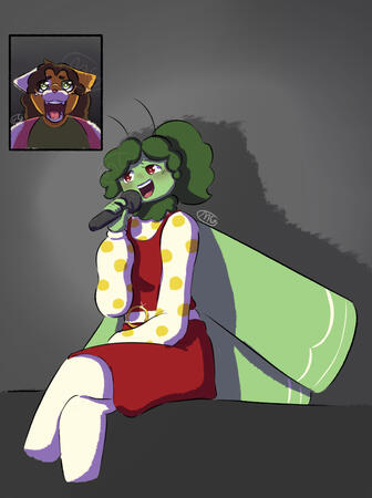 Sitting with her legs crossed is an anthropomorphic green moth in a red dress with white and yellow dotted sleeves. She is singing into a microphone. In the corner there is a sectioned rectangle with an anthropomorphic calico cat who is very excited.