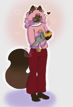 An anthropomorphic ragdoll cat with pink hair, eyes, and sweater with red pants and dark brown shoes stands at the center. They are looking lovingly down at the baby anthropomorphic calico in their arms. The baby is excitedly holding out their hands up.