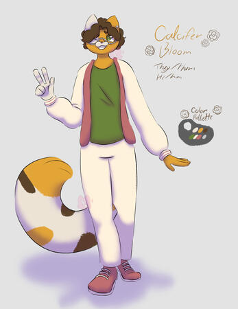 An anthropomorphic calico cat with short brown hair is looking to the distance with their right hand in the peace sign gesture. He is wearing a green shirt, white pants, pink shoes, a pink and white varsity jacket, and silver glasses.